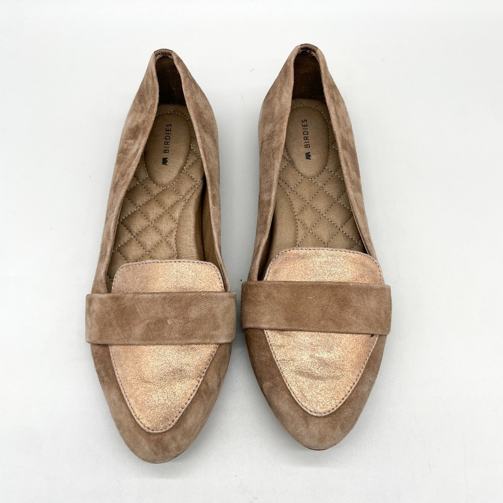 Birdies Womens 8 Blackbird Loafers Shoes Oak Shimmer Suede Preppy Office Casual